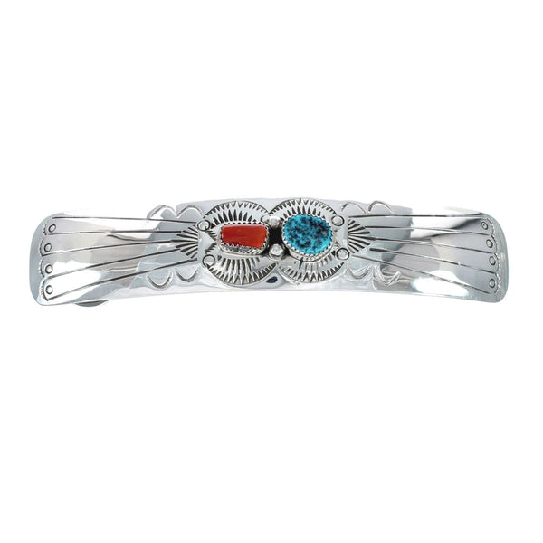 Native American Navajo Turquoise Coral Sterling Silver Hair Barrette JX131016
